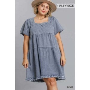 Umgee- XL Denim Square Neck Short Sleeve Dress